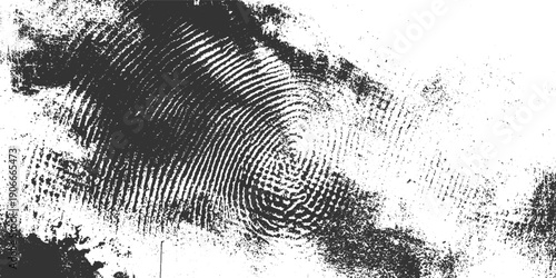 Detailed black fingerprint whorl pattern on a textured white background with dark smudges