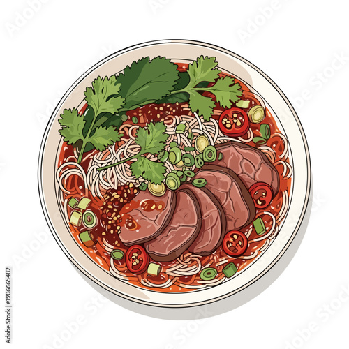 Delicious Asian Beef Noodle Soup with Chili Oil and Fresh Herbs.