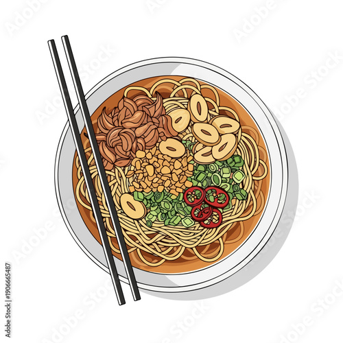 Delicious Asian Noodle Dish with Chopsticks Top View.