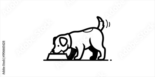 Simple Line Art Illustration of a Dog Eating from a Bowl