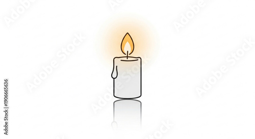 A lit white candle with a warm flame and melted wax on a reflective surface