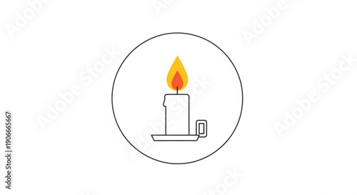 A lit candle with a vibrant flame on a simple plate setting