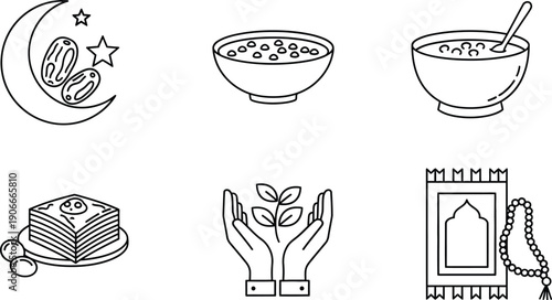 Ramadan food and spiritual icons: dates, baklava, prayer mat, and seedling