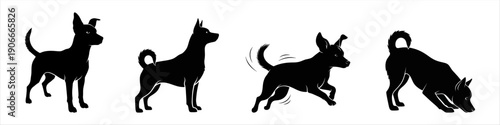 Silhouette dog walking, running, and playing in sequence on white background