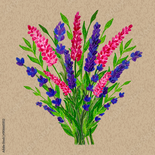 Colorful Purple Lavender Pink Loosestrife and Green Branch Multicolored Bouquet with Colored Pencil Drawing Texture on Craft Paper Brown Realistic Background. Vector Flowers Arrangement Chalk Pastel