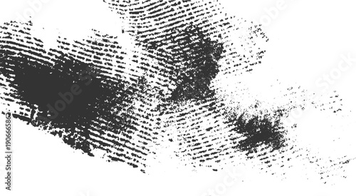 Close up of a dark grey fingerprint pattern with smudged areas on a white background thumbprint impression