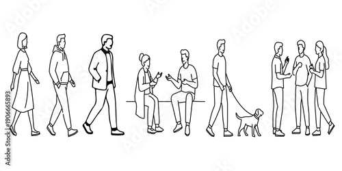 People Line Art Illustration of Sitting, Walking, Talking and Jogging with Dog in Outdoor Park Lifestyle Scene Design.