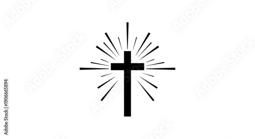 Black cross symbol with sunburst lines on white background representing faith and spirituality