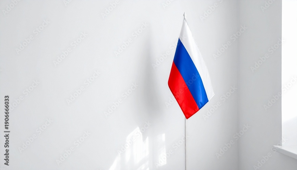 Naklejka premium Russian flag standing in corner of white room with natural light