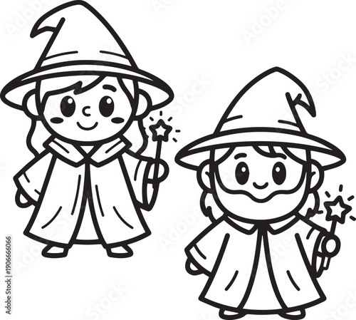 Cute wizard cartoon outline – Adorable friendly wizard characters line art vector illustration