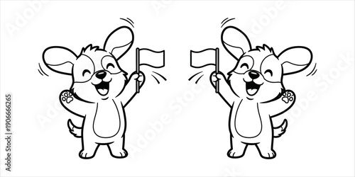 Joyful Cartoon Dogs Cheering with Flags, Expressing Playful Enthusiasm and Happy Celebration