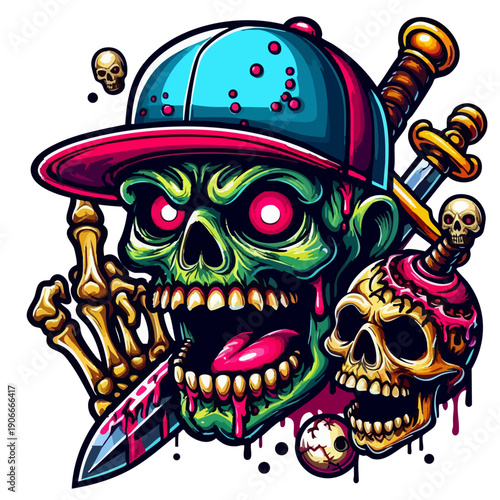 Zombie skull mascot, vibrant colors vector
