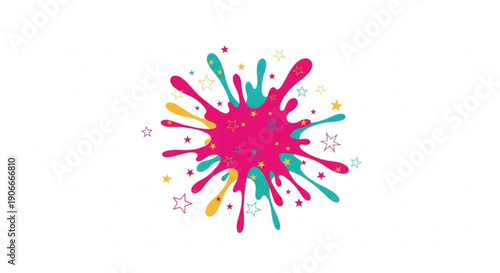 Vibrant colorful paint splash with stars on white background artistic design element