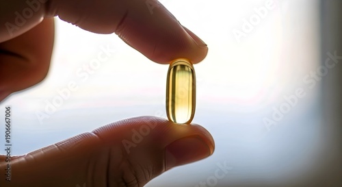 Close-up of a human hand delicately holding a single golden, translucent capsule, symbolizing daily health, essential nutrition, and a commitment to wellness and medical care