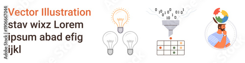 Business innovation, data processing, creative thinking, AI solutions, analytics, technological advancements. Lightbulbs, binary funnel data table and thinking person. Creative thinking and data