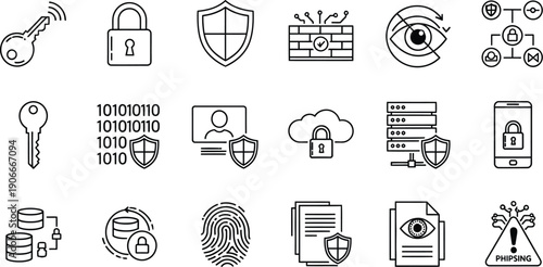 Cybersecurity and Data Privacy Protection Line Icons Set