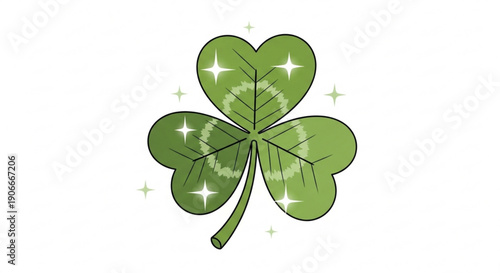 Illustration of a green four leaf clover with sparkles on a white background symbolizing good luck and fortune