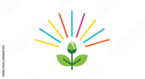 Green sprouting plant with colorful rays symbolizing growth and positivity in simple flat design