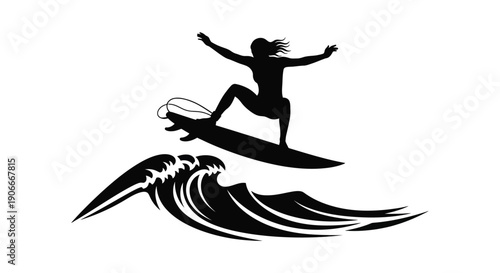 Surfer riding a wave with arms raised in a dynamic silhouette