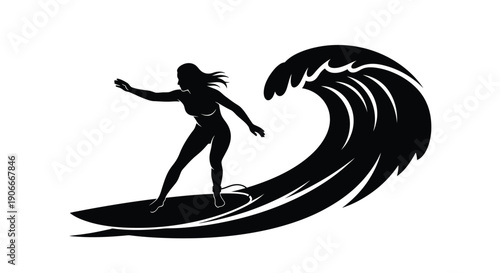 Surfer riding a large wave dynamic action scene silhouette