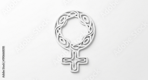 Silver female gender symbol with celtic knotwork wreath on white background