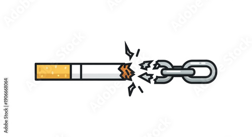 Broken cigarette chain with shattered link and orange filter symbolizing freedom from smoking addiction and healthy