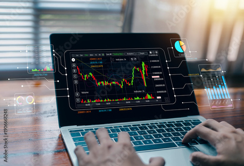 Canvastavla Financial trading concept with trader analyzing stock market chart on laptop screen
