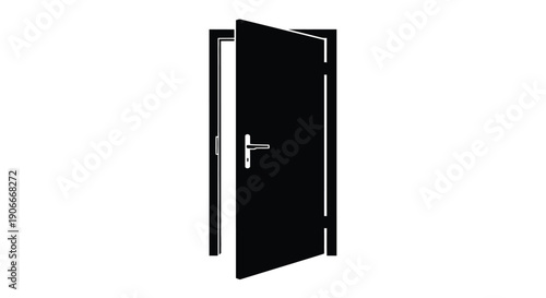 A black door slightly ajar with a simple handle silhouette