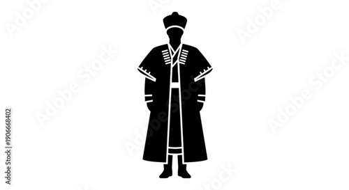 Traditional robe illustration black silhouette with white accents standing figure cultural attire simple background