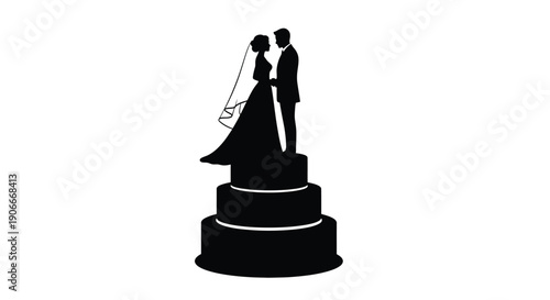 Black silhouette of a wedding couple atop a tiered cake silhouette