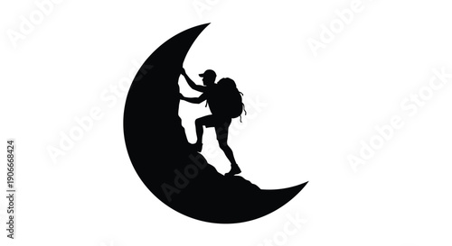A climber ascends a crescent moon a striking silhouette