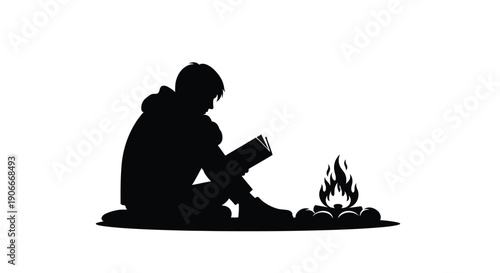 A person reading by a campfire a striking black silhouette