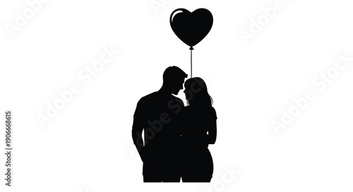 Couple embracing under a heart shaped balloon silhouette