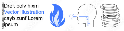 Energy resources, human biology, respiration process, money concepts, economic growth, sustainable energy. Blue flame icon, outlined human head exhaling stacked coins. Energy resources and human