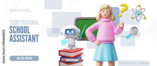 Personal school assistant - ask the chatbot landing page 3D vector design, Artificial intelligence assistance education