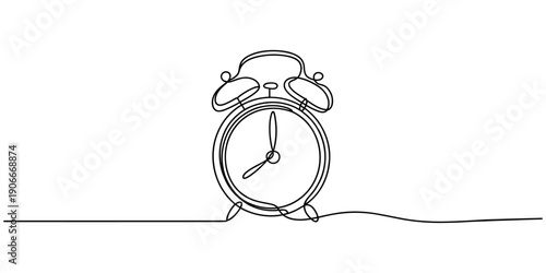 Continuous one line drawing of vintage alarm clock vector design, Clock drawn symbol. One line art continuous icon, Hand drawn vector illustration. One thin line continuous drawing.