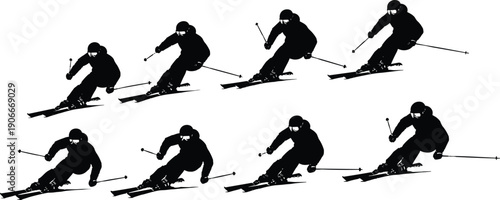 Black Silhouette Set of Professional Downhill Skiers in Motion Slalom Racing and Alpine Winter Sports for Mountain Resort Activity Design, cad drawing flat vector illustration