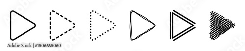 Set of black play button icons in various hand-drawn and geometric styles, including solid, dashed, dotted, double line, and scribbled triangle shapes for multimedia players