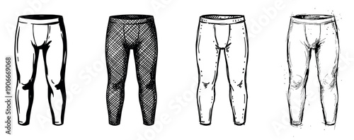 Four hand-drawn black and white illustrations of men's leggings in different sketch styles, showing various textures like mesh, dots, and rough lines for fashion or apparel concepts