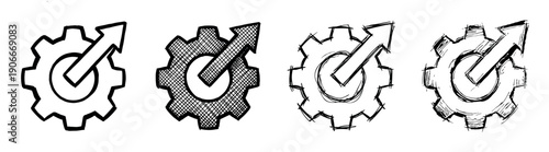 Set of four hand-drawn gear icons with an upward arrow, rendered in a black and white doodle style, symbolizing progress, operational improvement, and workflow efficiency