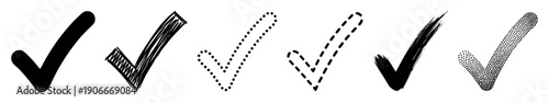 Set of six black check marks in various hand-drawn styles, including solid, sketch, dotted, dashed, brush stroke, and stippled textures for user interface design elements