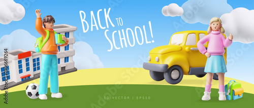 A 3D banner with students, a school building, a bus, and the words "Back to School."