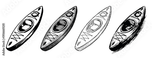 Hand-drawn kayak illustration set in various sketch styles showing different line art and hatching techniques, perfect for outdoor adventure and travel themes