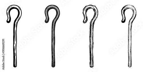 Four hand-drawn shepherd's crooks in a black ink sketch style with varied textures, illustrating an ancient symbol of guidance, religion, and leadership