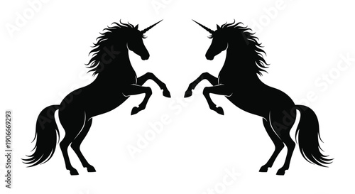 Two unicorns rearing up facing each other black silhouette
