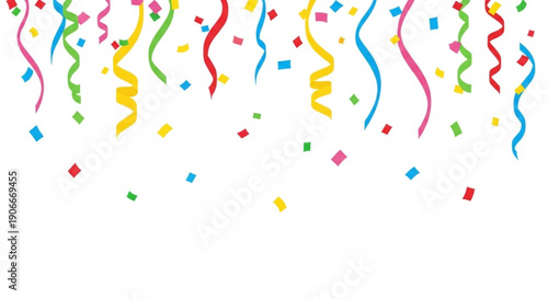 Colorful party ribbons and confetti falling on white background for celebration