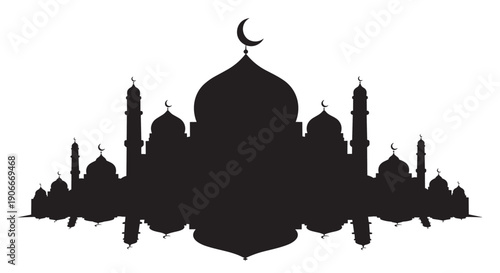 Islamic mosque silhouette with crescent moon on white background