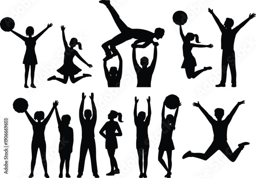 Vector, black, silhouette, illustration, set, of, various, cheerleaders, performing, jumps, stunts, and, routines, for, sports, team, spirit, gymnastics, and, athletic, performance, design, elements
