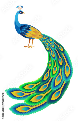 Detailed vector peacock showcasing its colorful feathers. Ideal for posters, prints, logos, or design projects needing a touch of elegance