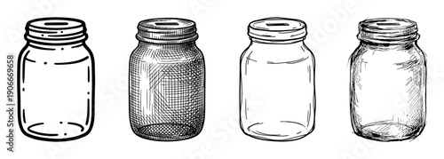 Four hand-drawn glass money jars with slots are illustrated in a black and white sketch style, showing different artistic techniques from simple line art to detailed cross-hatching